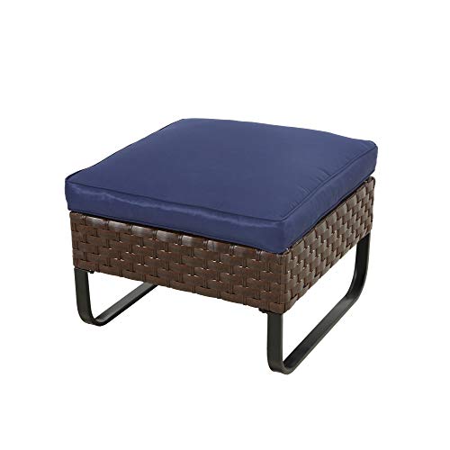 LOKATSE HOME Patio Ottoman Outdoor Footstool Small Seat Wicker Furniture with U Shaped Legs and Soft Thick Blue Cushion for Garden Yard Deck Poolside