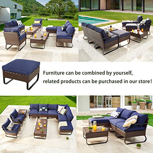 LOKATSE HOME Patio Ottoman Outdoor Footstool Small Seat Wicker Furniture with U Shaped Legs and Soft Thick Blue Cushion for Garden Yard Deck Poolside