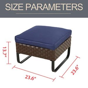 LOKATSE HOME Patio Ottoman Outdoor Footstool Small Seat Wicker Furniture with U Shaped Legs and Soft Thick Blue Cushion for Garden Yard Deck Poolside