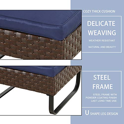 LOKATSE HOME Patio Ottoman Outdoor Footstool Small Seat Wicker Furniture with U Shaped Legs and Soft Thick Blue Cushion for Garden Yard Deck Poolside