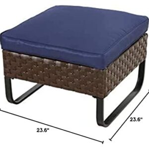 LOKATSE HOME Patio Ottoman Outdoor Footstool Small Seat Wicker Furniture with U Shaped Legs and Soft Thick Blue Cushion for Garden Yard Deck Poolside