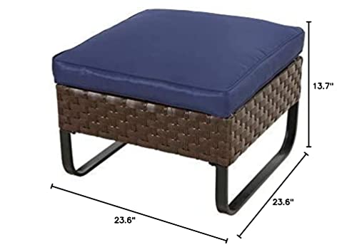 LOKATSE HOME Patio Ottoman Outdoor Footstool Small Seat Wicker Furniture with U Shaped Legs and Soft Thick Blue Cushion for Garden Yard Deck Poolside