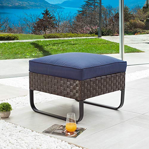 LOKATSE HOME Patio Ottoman Outdoor Footstool Small Seat Wicker Furniture with U Shaped Legs and Soft Thick Blue Cushion for Garden Yard Deck Poolside