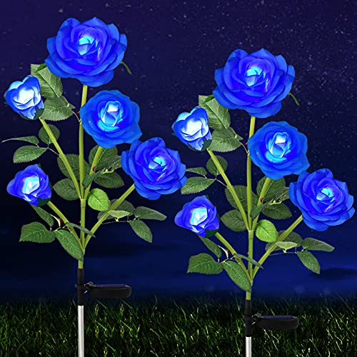 HELESIN Solar Garden Decorative Lights Outdoor, 10 Roses Solar Flowers Lights Outdoor Garden Waterproof 2 Pack, Unique Solar Decorative Lights for Yard Patio Pathway Courtyard Garden Lawn, (Blue)