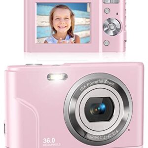 Digital Camera, Lecran Kids Camera FHD 1080P 36.0 Mega Pixels Vlogging Camera with 16X Digital Zoom, LCD Screen, Compact Portable Mini Cameras for Kids, Teens, Students (Pink)