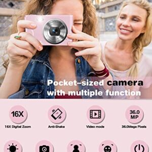 Digital Camera, Lecran Kids Camera FHD 1080P 36.0 Mega Pixels Vlogging Camera with 16X Digital Zoom, LCD Screen, Compact Portable Mini Cameras for Kids, Teens, Students (Pink)