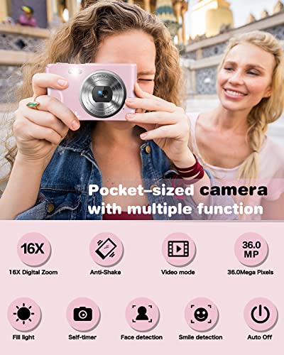 Digital Camera, Lecran Kids Camera FHD 1080P 36.0 Mega Pixels Vlogging Camera with 16X Digital Zoom, LCD Screen, Compact Portable Mini Cameras for Kids, Teens, Students (Pink)