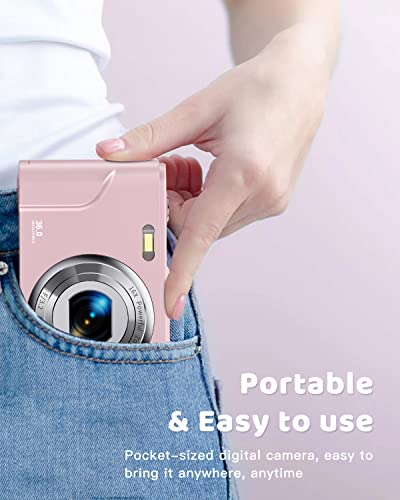 Digital Camera, Lecran Kids Camera FHD 1080P 36.0 Mega Pixels Vlogging Camera with 16X Digital Zoom, LCD Screen, Compact Portable Mini Cameras for Kids, Teens, Students (Pink)