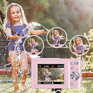 Digital Camera, Lecran Kids Camera FHD 1080P 36.0 Mega Pixels Vlogging Camera with 16X Digital Zoom, LCD Screen, Compact Portable Mini Cameras for Kids, Teens, Students (Pink)