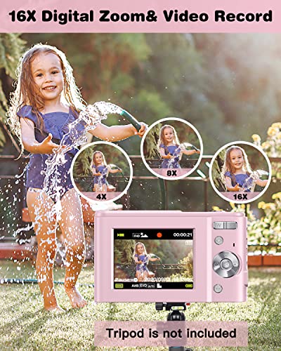 Digital Camera, Lecran Kids Camera FHD 1080P 36.0 Mega Pixels Vlogging Camera with 16X Digital Zoom, LCD Screen, Compact Portable Mini Cameras for Kids, Teens, Students (Pink)