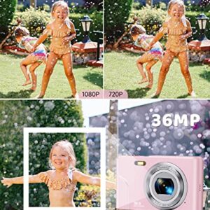 Digital Camera, Lecran Kids Camera FHD 1080P 36.0 Mega Pixels Vlogging Camera with 16X Digital Zoom, LCD Screen, Compact Portable Mini Cameras for Kids, Teens, Students (Pink)