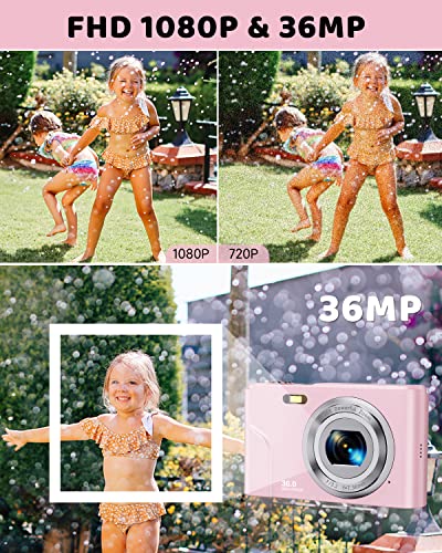 Digital Camera, Lecran Kids Camera FHD 1080P 36.0 Mega Pixels Vlogging Camera with 16X Digital Zoom, LCD Screen, Compact Portable Mini Cameras for Kids, Teens, Students (Pink)
