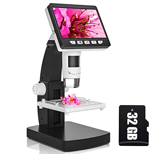 CIMELR LCD Digital Microscope 4.3 inch Coin Microscope 50X-1000X Magnification, USB Microscope with 8 Adjustable LED Lights for Adults Kids - Compatible with Windows/Mac iOS（Included 32GB TF Card）