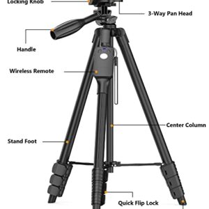 60" Camera Tripod with Travel Bag,Cell Phone Tripod with Remote,Professional Aluminum Portable Tripod Stand with Phone Tripod Mount&1/4”Screw,Compatible with Phone/Camera/Projector/DSLR/SLR