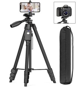 60″ camera tripod with travel bag,cell phone tripod with remote,professional aluminum portable tripod stand with phone tripod mount&1/4”screw,compatible with phone/camera/projector/dslr/slr