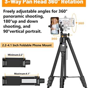 60" Camera Tripod with Travel Bag,Cell Phone Tripod with Remote,Professional Aluminum Portable Tripod Stand with Phone Tripod Mount&1/4”Screw,Compatible with Phone/Camera/Projector/DSLR/SLR