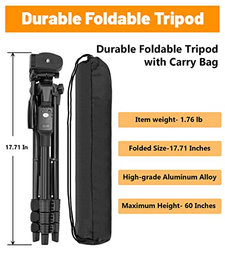 60" Camera Tripod with Travel Bag,Cell Phone Tripod with Remote,Professional Aluminum Portable Tripod Stand with Phone Tripod Mount&1/4”Screw,Compatible with Phone/Camera/Projector/DSLR/SLR