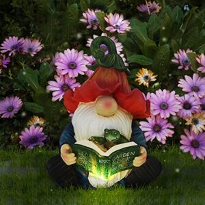 sinhra garden gnome statue-resin gnome figurine hugging turtle reading book with solar led lights，outdoor summer decorations for patio yard lawn porch,garden ornament gift