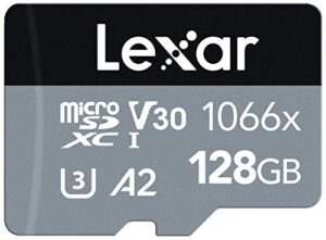 lexar professional 1066x 128gb microsdxc uhs-i card w/ sd adapter, c10, u3, v30, a2, full hd, 4k uhd, up to 160mb/s read, for action cameras, drones, high-end smartphones, tablets (lms1066128g-bnanu)