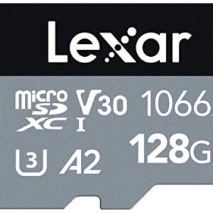 Lexar Professional 1066x 128GB microSDXC UHS-I Card w/ SD Adapter, C10, U3, V30, A2, Full HD, 4K UHD, Up To 160MB/s Read, for Action Cameras, Drones, High-End Smartphones, Tablets (LMS1066128G-BNANU)