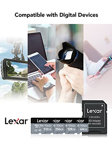 Lexar Professional 1066x 128GB microSDXC UHS-I Card w/ SD Adapter, C10, U3, V30, A2, Full HD, 4K UHD, Up To 160MB/s Read, for Action Cameras, Drones, High-End Smartphones, Tablets (LMS1066128G-BNANU)