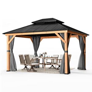 happatio 11′ × 13′ wood gazebo, outdoor hardtop gazebo with mosquito netting and curtains, double metal roof patio gazebo hard top gazebo for garden, patio, deck, parties (grey)