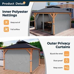 HAPPATIO 11' × 13' Wood Gazebo, Outdoor Hardtop Gazebo with Mosquito Netting and Curtains, Double Metal Roof Patio Gazebo Hard Top Gazebo for Garden, Patio, Deck, Parties (Grey)
