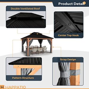 HAPPATIO 11' × 13' Wood Gazebo, Outdoor Hardtop Gazebo with Mosquito Netting and Curtains, Double Metal Roof Patio Gazebo Hard Top Gazebo for Garden, Patio, Deck, Parties (Grey)