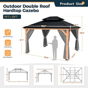 HAPPATIO 11' × 13' Wood Gazebo, Outdoor Hardtop Gazebo with Mosquito Netting and Curtains, Double Metal Roof Patio Gazebo Hard Top Gazebo for Garden, Patio, Deck, Parties (Grey)