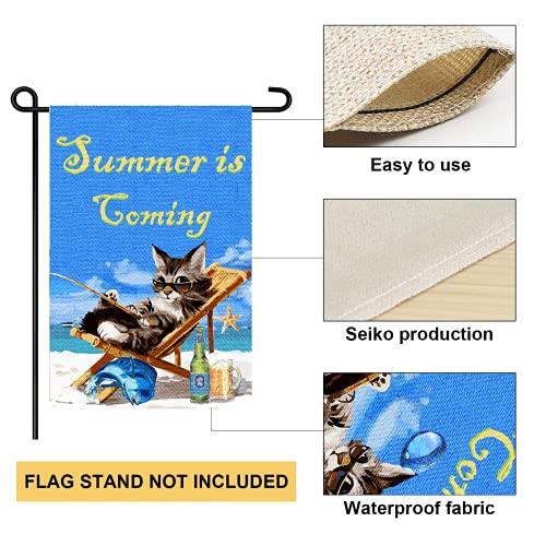 Cats Garden Flag Summer is Coming Garden Flag 12.5"x18" Double Sided Summer Beach, Cats, Fish and Beer Garden Flag, Yard Outdoor Home Decor Sign