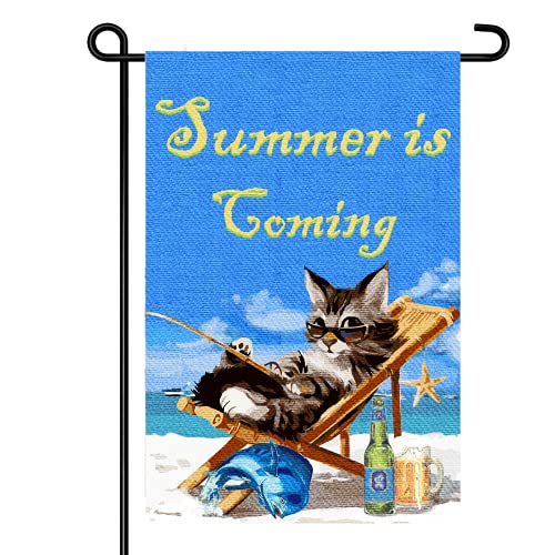 Cats Garden Flag Summer is Coming Garden Flag 12.5"x18" Double Sided Summer Beach, Cats, Fish and Beer Garden Flag, Yard Outdoor Home Decor Sign