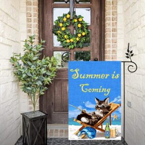 Cats Garden Flag Summer is Coming Garden Flag 12.5"x18" Double Sided Summer Beach, Cats, Fish and Beer Garden Flag, Yard Outdoor Home Decor Sign