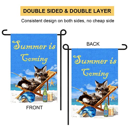 Cats Garden Flag Summer is Coming Garden Flag 12.5"x18" Double Sided Summer Beach, Cats, Fish and Beer Garden Flag, Yard Outdoor Home Decor Sign