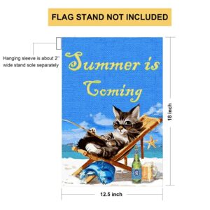 Cats Garden Flag Summer is Coming Garden Flag 12.5"x18" Double Sided Summer Beach, Cats, Fish and Beer Garden Flag, Yard Outdoor Home Decor Sign