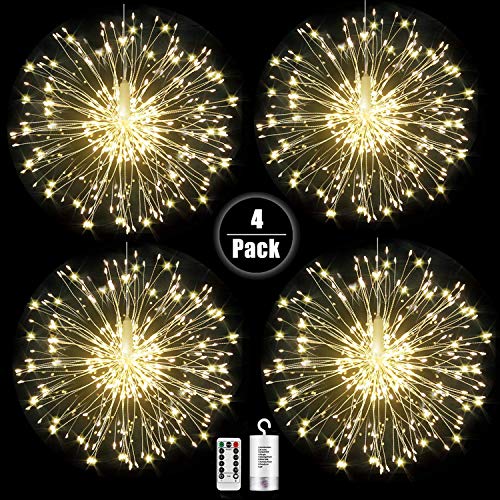 QNUBKTFY Firework Lights Wire Lights,120 LED DIY 8 Modes Dimmable String Fairy Lights with Remote Control,Waterproof Decorative Hanging Starburst Lights for Christmas Home Patio, Warmwhite(4 Pack)