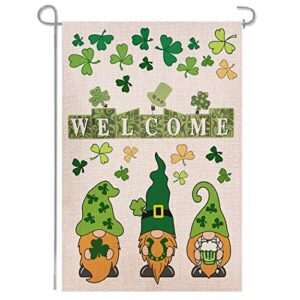 shmbada welcome st patricks day gnomes garden flag, double sided burlap vertical outside outdoor yard lawn irish green shamrock beer decoration, 12 x 18 inch
