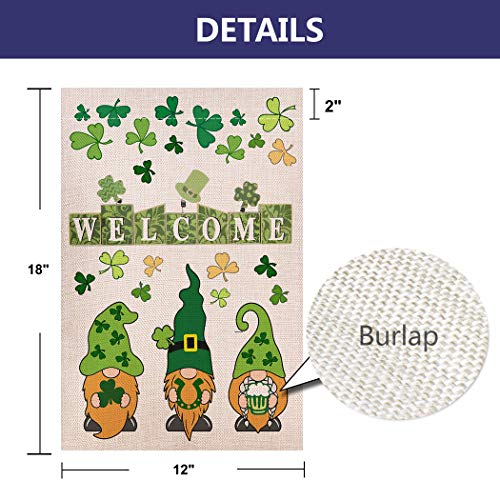 Shmbada Welcome St Patricks Day Gnomes Garden Flag, Double Sided Burlap Vertical Outside Outdoor Yard Lawn Irish Green Shamrock Beer Decoration, 12 x 18 Inch