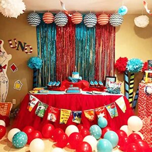Dr Seuss Cat in The Hat Birthday Party Decorations/Dr Seuss Baby Shower/Thing One and Thing Two Birthday/Red Blue Fringe Foil Curtains Backdrop Circus Carnival Party/Nurse Graduation Deorations