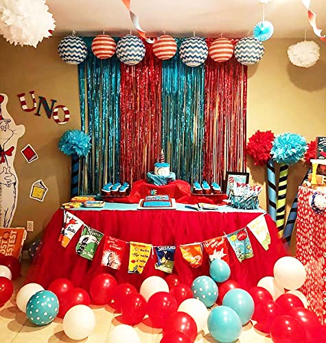 Dr Seuss Cat in The Hat Birthday Party Decorations/Dr Seuss Baby Shower/Thing One and Thing Two Birthday/Red Blue Fringe Foil Curtains Backdrop Circus Carnival Party/Nurse Graduation Deorations