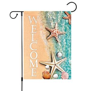 Louise Maelys Welcome Spring Summer Beach Garden Flag for Outside 12x18 Double Sided Vertical, Burlap Small Summer Starfish and Seashell Lake Garden Yard House Flags Seasonal Summer Outdoor Decoration (ONLY FLAG)