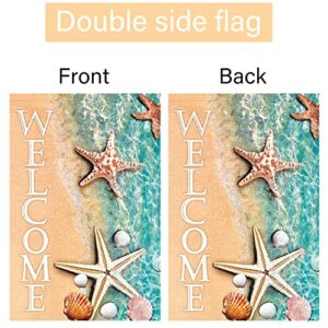 Louise Maelys Welcome Spring Summer Beach Garden Flag for Outside 12x18 Double Sided Vertical, Burlap Small Summer Starfish and Seashell Lake Garden Yard House Flags Seasonal Summer Outdoor Decoration (ONLY FLAG)