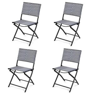 tangkula 4-piece patio dining chairs, outdoor pe wicker folding chairs with rustproof frame, potable bistro chairs for backyard, garden (4, navy blue + white)
