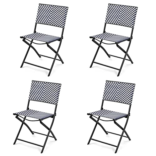 Tangkula 4-Piece Patio Dining Chairs, Outdoor PE Wicker Folding Chairs with Rustproof Frame, Potable Bistro Chairs for Backyard, Garden (4, Navy Blue + White)