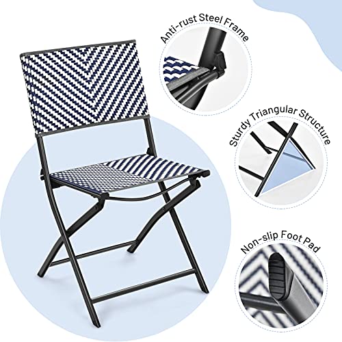 Tangkula 4-Piece Patio Dining Chairs, Outdoor PE Wicker Folding Chairs with Rustproof Frame, Potable Bistro Chairs for Backyard, Garden (4, Navy Blue + White)