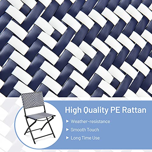 Tangkula 4-Piece Patio Dining Chairs, Outdoor PE Wicker Folding Chairs with Rustproof Frame, Potable Bistro Chairs for Backyard, Garden (4, Navy Blue + White)