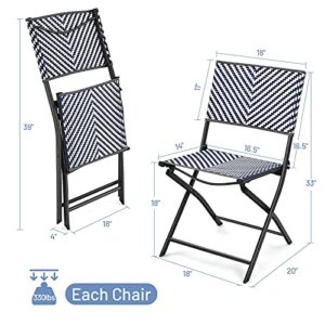 Tangkula 4-Piece Patio Dining Chairs, Outdoor PE Wicker Folding Chairs with Rustproof Frame, Potable Bistro Chairs for Backyard, Garden (4, Navy Blue + White)