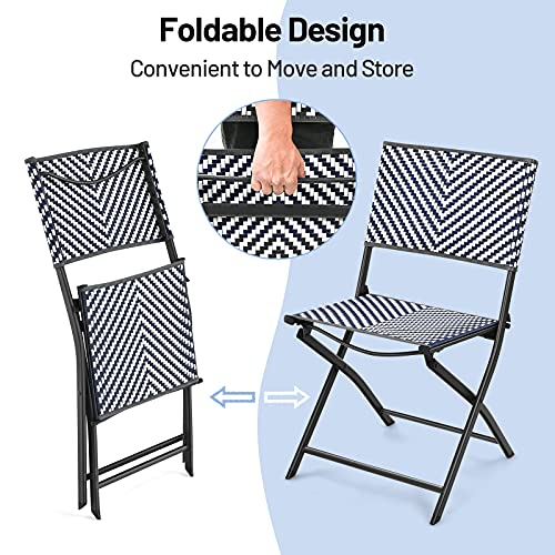 Tangkula 4-Piece Patio Dining Chairs, Outdoor PE Wicker Folding Chairs with Rustproof Frame, Potable Bistro Chairs for Backyard, Garden (4, Navy Blue + White)