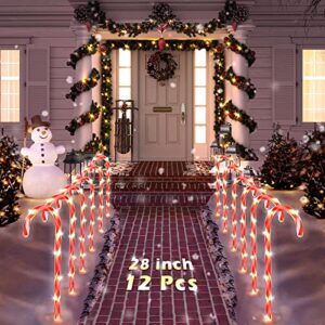 coolwufan 28″ christmas candy cane pathway markers, set of 12 pack christmas outdoor decorations pathway lights with 72 warm lights for christmas holiday party walkway patio garden yard lawn decor