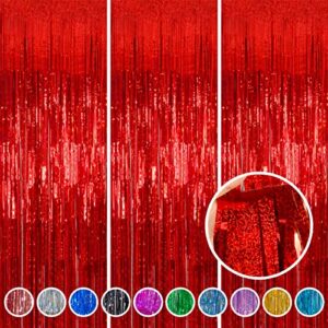 foil fringe curtains party decorations – melsan 3 pack 3.2 x 8.2 ft tinsel curtain party photo backdrop for birthday party baby shower or graduation decorations red