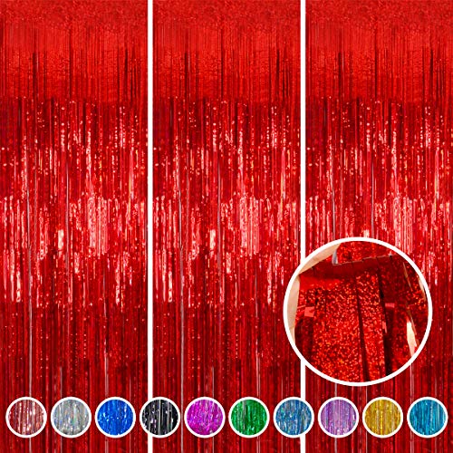 Foil Fringe Curtains Party Decorations - Melsan 3 Pack 3.2 x 8.2 ft Tinsel Curtain Party Photo Backdrop for Birthday Party Baby Shower or Graduation Decorations Red